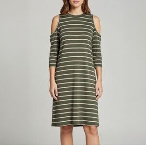 NWT Hot Kiss Olive Green & Tan Stripe Cold Shoulder Ribbed Knit Dress Size Large